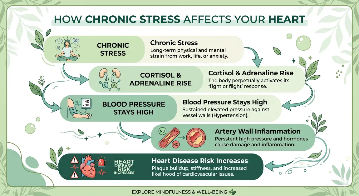 Infographic showing how chronic stress raises cortisol levels and increases cardiovascular risk