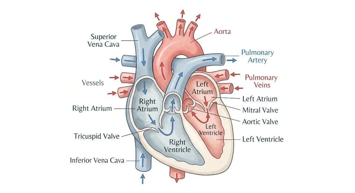 Diagram of the human heart showing four chambers, blood flow direction, and major vessels