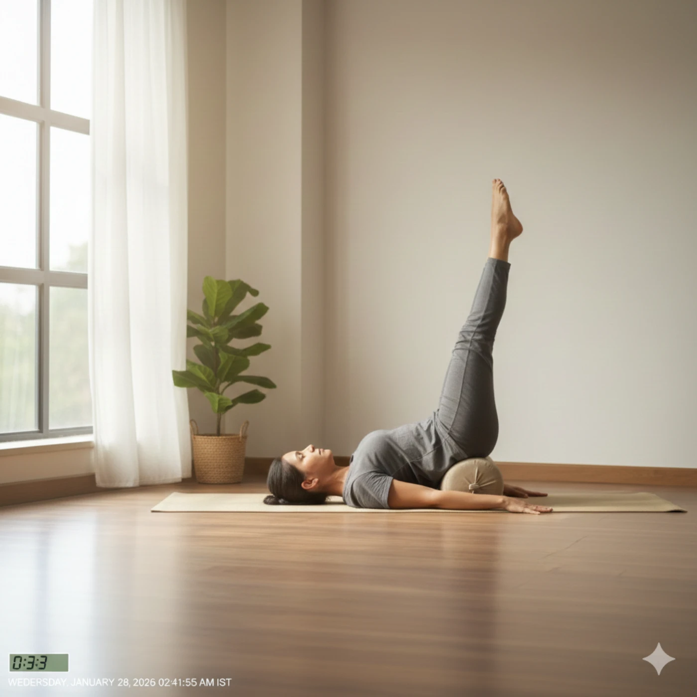 Relaxing legs up the wall pose setup showing proper hip placement near wall for maximum lower back decompression