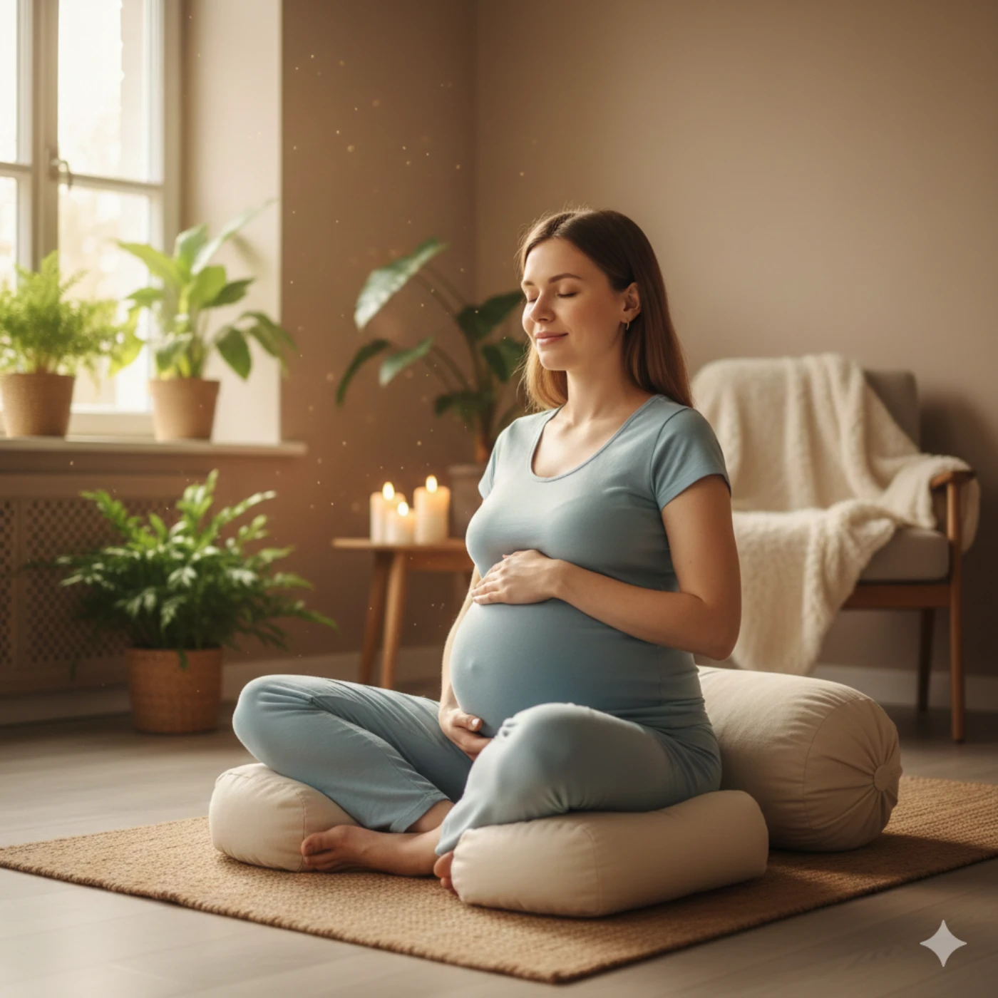Expecting mother practicing gentle meditation in pregnancy yoga class with proper posture support and cushions for comfort