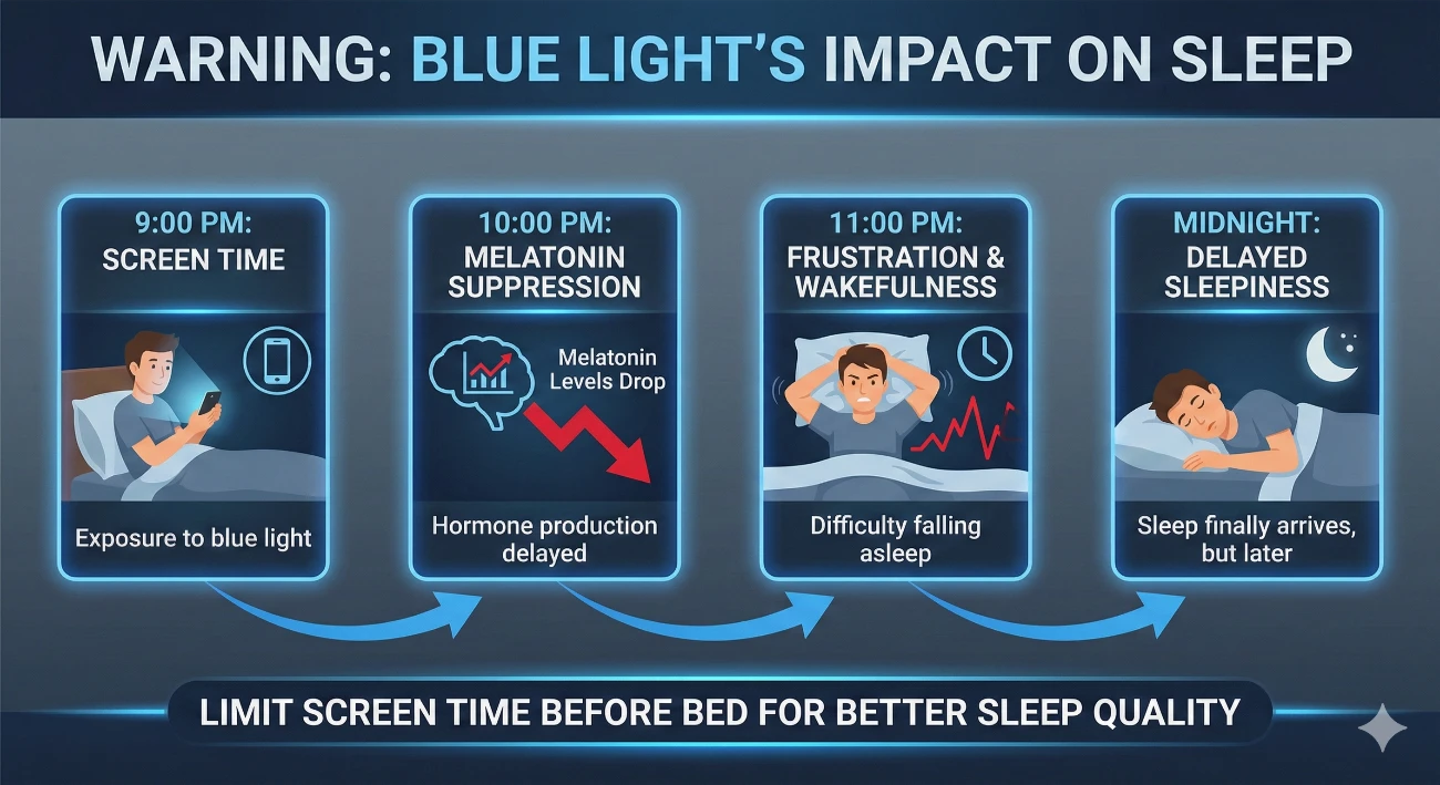 Visual showing timeline of screen exposure effects on melatonin and sleep readiness