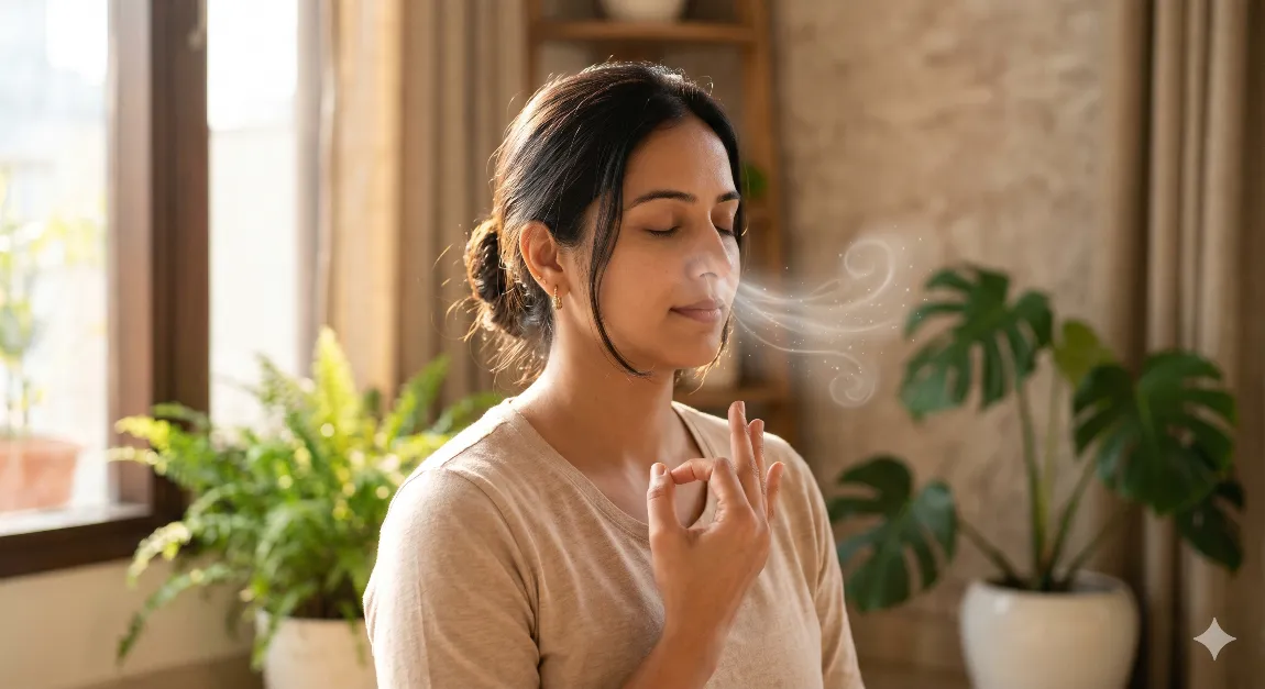 Person practising meditation and pranayama to reduce stress and support heart health